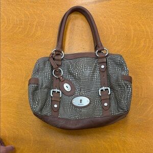 Fossil Brown Textured Canvas & Leather Satchel